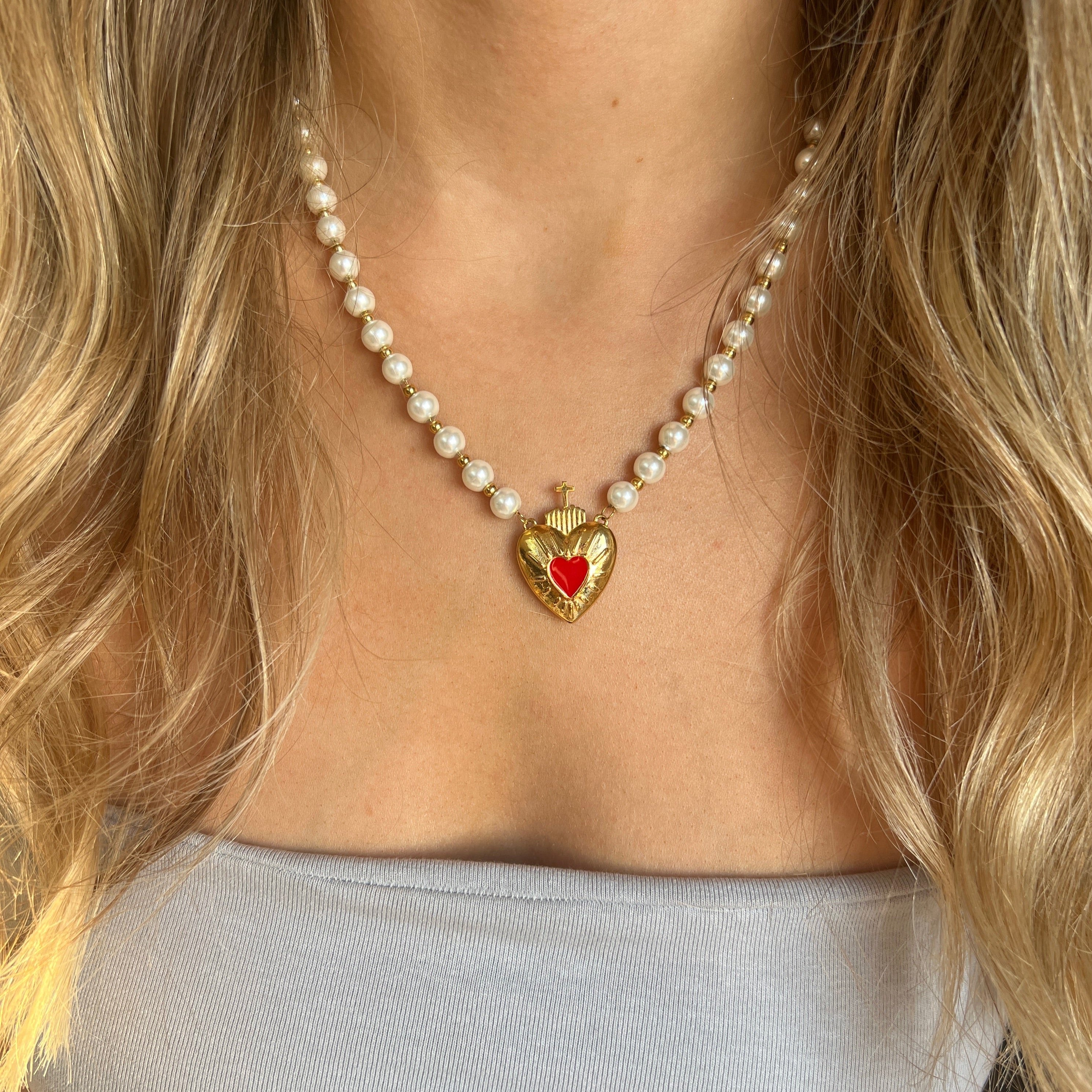 "Mary" Pearl Heart Pendant Necklace